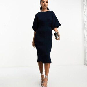 Closet London Navy Blue Ribbed Pencil Dress Size 10 Women's